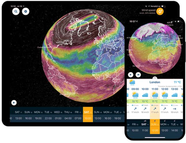 An image of a tablet and smartphone with the Ventusky weather apps open and displaying a live weather map