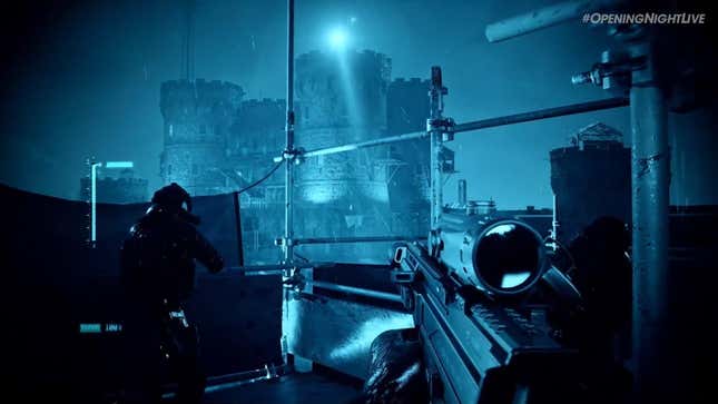 A blue-tinged clip from a campaign mission in the upcoming Call of Duty: Modern Warfare III, which appears to be set in the same prison from the original Warzone game.