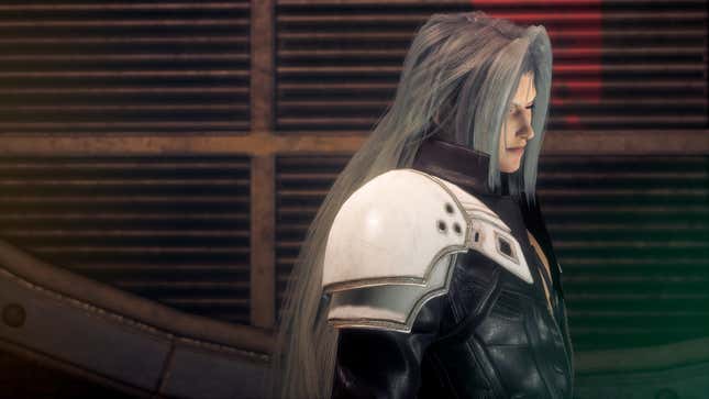 An armored man with long silver hair is standing against an industrial backdrop.