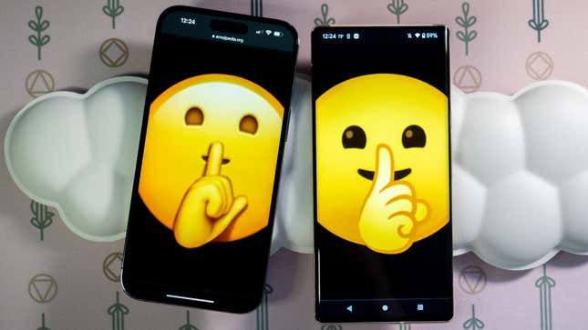 A photo of an iPhone and an Android device with the "Shh" emoji