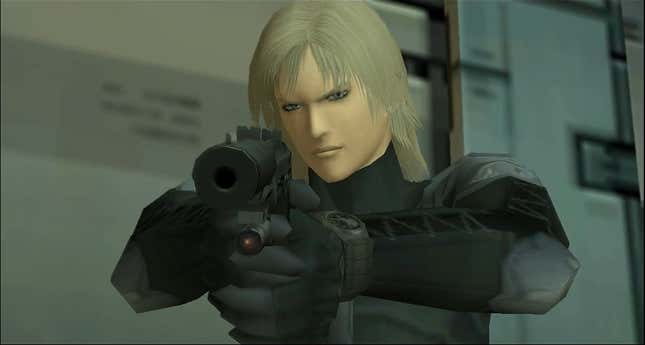 A Metal Gear Solid 2 screenshot of Raiden pointing a silenced pistol at the camera.