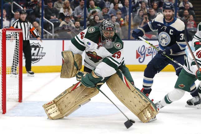 Feb 23, 2023; Columbus, Ohio, USA; Minnesota Wild goalie Marc-Andre Fleury (29) clears a loose puck against the Columbus Blue Jackets during the second period at Nationwide Arena.