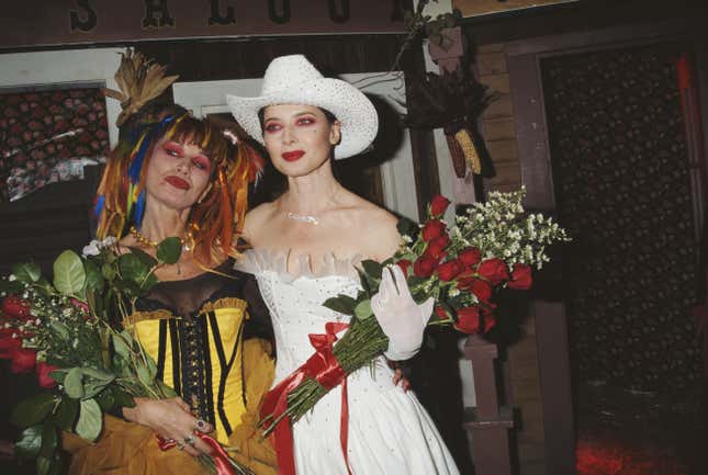 Betsey Johnson and Isabella Rossellini at the catwalk show for the Betsy Johnson Fall/Winter 1995 Collection.