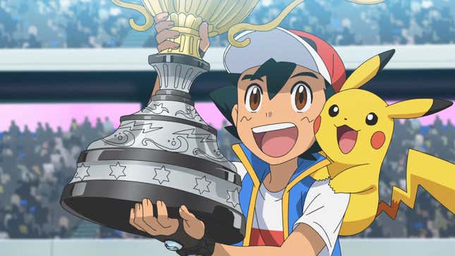 Ash and Pikachu are seen holding their world championship trophy.