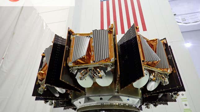 The OneWeb satellites attached to the dispenser ahead of their launch to low Earth orbit.