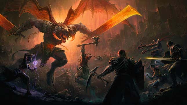 Soldiers fight a dragon...demon...balrog...thing in Diablo Immortal.