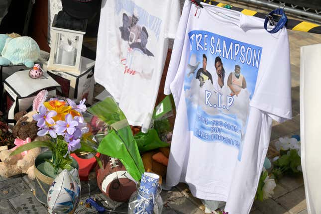 A makeshift memorial for Tyre Sampson is viewed outside the Orlando Free Fall ride at the ICON Park entertainment complex, Wednesday, April 20, 2022, in Orlando, Fla. Sampson, a teenager visiting from Missouri on spring break, fell to his death while on the ride.