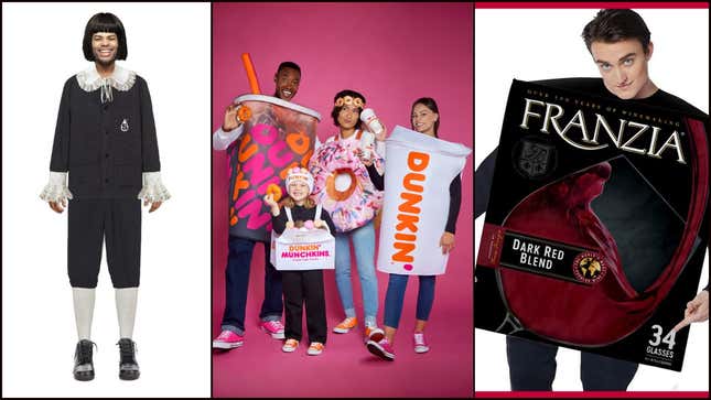 From left to right: Starburst Little Lad costume, Dunkin' coffee and doughnut costumes, Franzia box wine costume