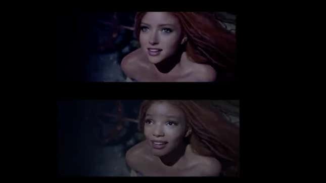 A comparison of the clips of Ariel, the real one featuring Black actress Halle Bailey, and an Ariel modified to be white is shown.