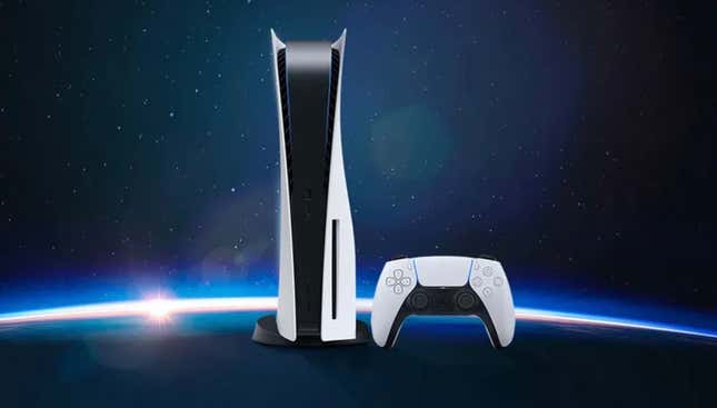A PlayStation 5 and controller are in space with the arc of a planet below.