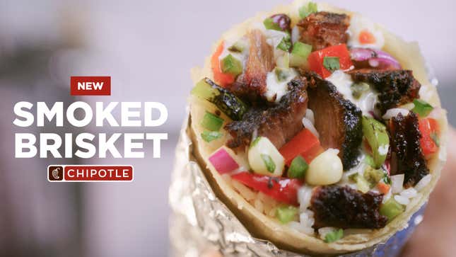 Product shot of Chipotle's new Smoked Brisket inside a burrito