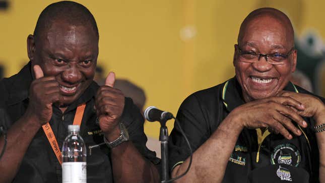 Cyril Ramaphosa, left, with South African President Jacob Zuma. Critics say he should have better supported miners during a violent, deadly strike earlier this year.