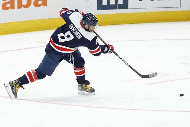 Mar 15, 2023; Washington, District of Columbia, USA; Washington Capitals left wing Alex Ovechkin (8) shoots the puck against the Buffalo Sabres in overtime at Capital One Arena.