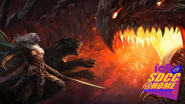 Drow ranger Drizzt Do'Urden and his black panther Guenhwyvar leap into action against a flame-breathing dragon.