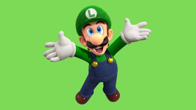 Luigi cheerfully looks upward into the camera with open arms.