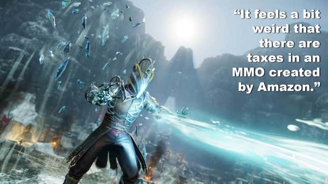 A mage wearing a helmet and armor is blasting ice blue magic beam in the Amazon MMO New World