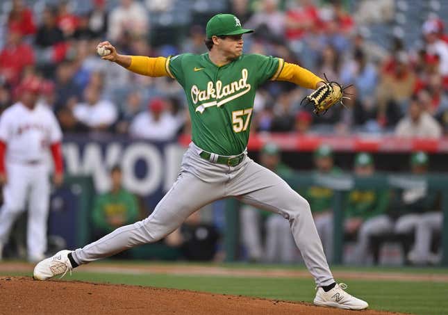 Apr 25, 2023; Anaheim, California, USA;  Oakland Athletics starting pitcher Mason Miller (57) throws to the plate in the first inning against the Los Angeles Angels at Angel Stadium.