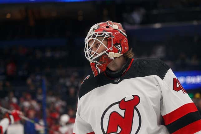 Mar 19, 2023; Tampa, Florida, USA; New Jersey Devils goalie Akira Schmid (40) during warm-ups against Tampa Bay Lightning at Amalie Arena.
