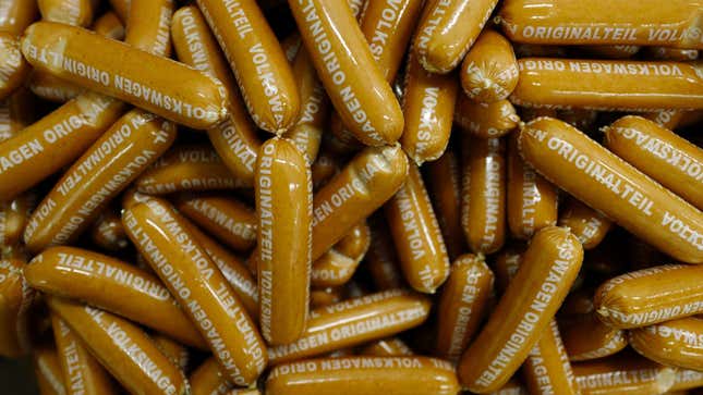 A photo of a stack of Volkswagen-branded sausages. 