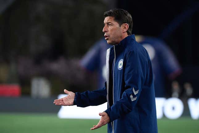 Apr 25, 2023; Foxborough, MA, USA; Hartford Athletic head coach Tab Ramos reacts to game action during the first half against the New England Revolution at Gillette Stadium.