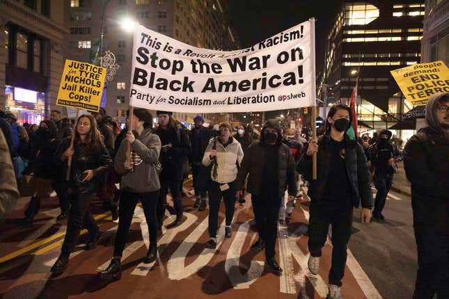 Demonstrators march during a protest Saturday, Jan. 28, 2023, in New York, in response to the death of Tyre Nichols, who died after being beaten by Memphis police during a traffic stop. 

