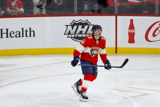 Feb 6, 2023; Sunrise, Florida, USA; Florida Panthers center Carter Verhaeghe (23) watches after scoring during the third period against the Tampa Bay Lightning at FLA Live Arena.