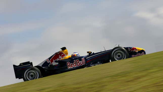 A photo of the dark blue Red Bull F1 car from 2006. 