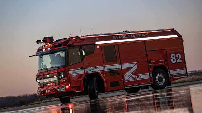 A photo of the LAFD's all-electric fire truck from Rosenbauer 