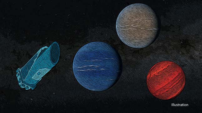 An illustration of the Kepler Space Telescope (left) and three worlds it saw in its last days.
