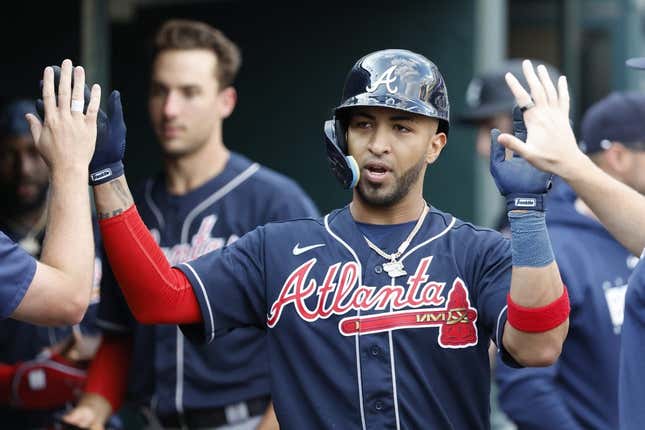 Jun 14, 2023; Detroit, Michigan, USA;  Atlanta Braves left fielder Eddie Rosario (8) celebrates with teammates after hitting a home run against the Detroit Tigers in the sixth inning at Comerica Park.