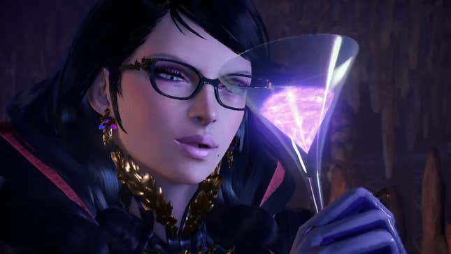 Bayonetta stares into the depths of her liquid libation. 