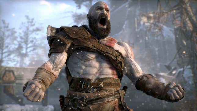 An angry Kratos screaming outside during a snow storm. 