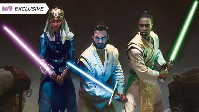 Star Wars High Republic: The Rising Storm book cover crop featuring three Jedi with purple, blue, and green lightsabers.
