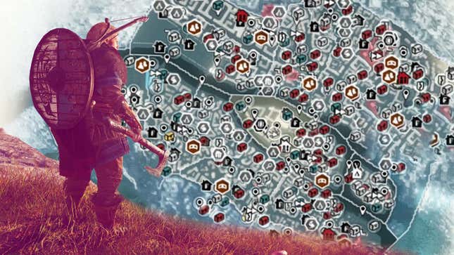 A large viking warrior overlooks a map covered in hundreds of icons. 