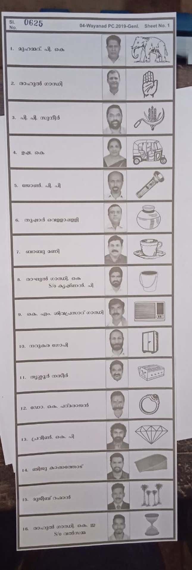 A list of the Wayanad candidates alongside their photo and symbol.