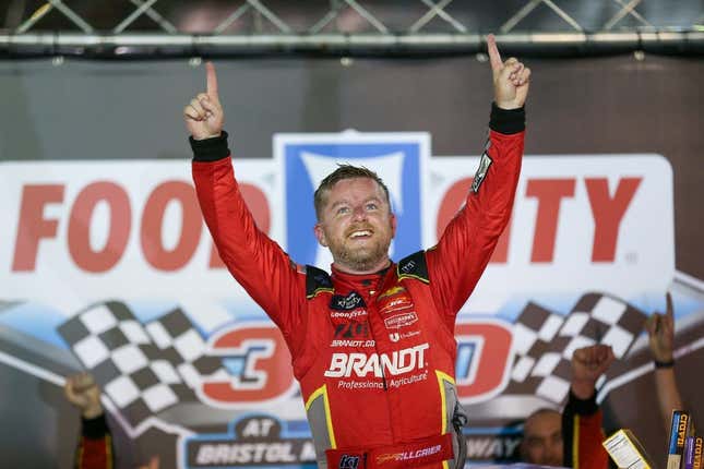 Sep 15, 2023; Bristol, Tennessee, USA; NASCAR Xfinity Series driver Justin Allgaier (7) celebrates after winning the race at Bristol Motor Speedway.