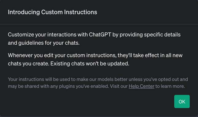 Image for article titled ChatGPT’s ‘Custom Instructions’ Are Free for Everyone Now