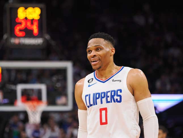 Mar 3, 2023; Sacramento, California, USA; Los Angeles Clippers point guard Russell Westbrook (0) calls for the coaching staff to challenge a call against the Sacramento Kings during the third quarter at Golden 1 Center.