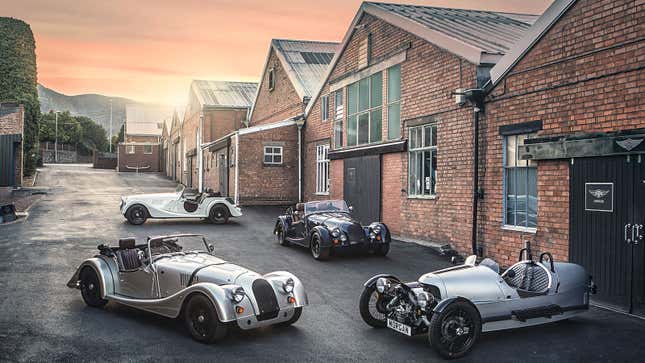 A photo of the range of Morgan cars. 