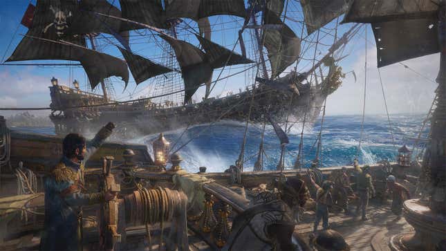 A captain shouts out orders to his crew during ship-to-ship combat.