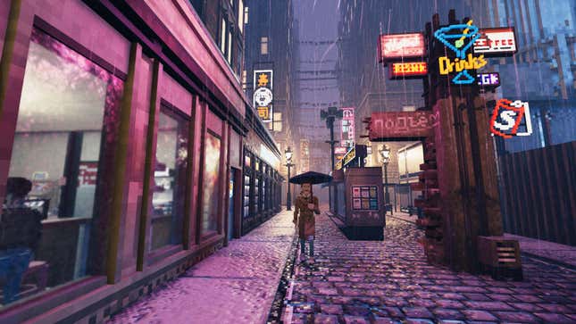 A man holds an umbrella in a rainy voxel street, walking past a bar.