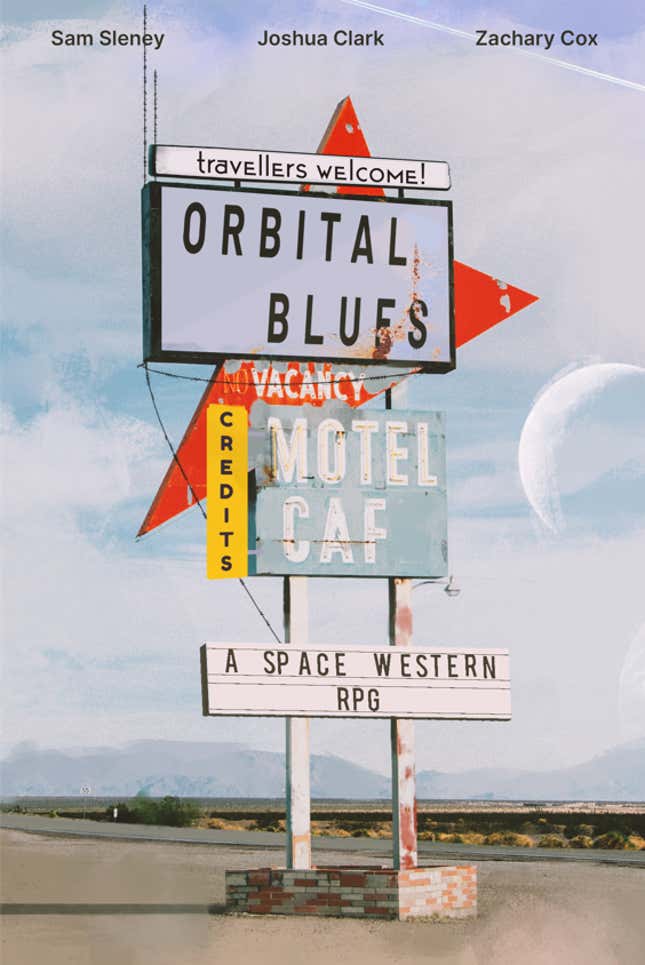 The cover of Orbital Blues showing a run down sign advertising "A Space Western RPG"