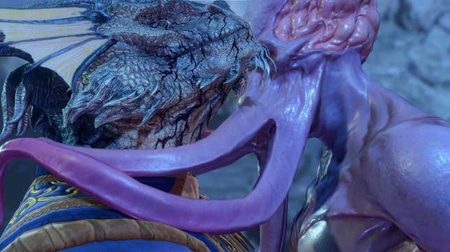 A Mind Flayer is shown wrapping its tentacles around a Dragonborn as it goes in for a kiss.