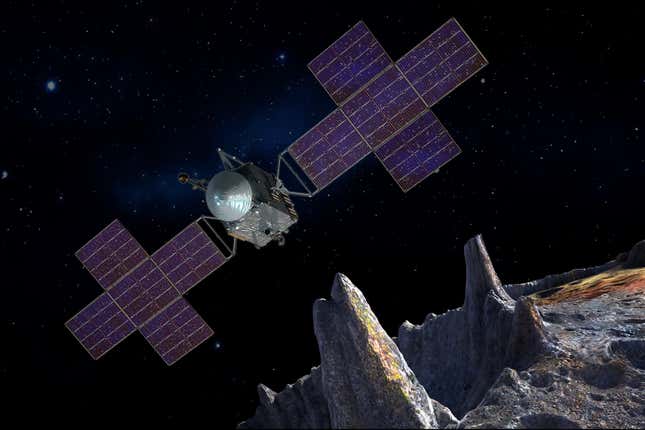 An illustration of the Psyche spacecraft orbiting Psyche.