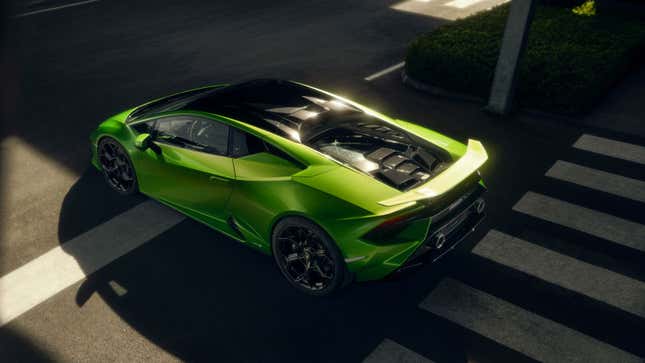 A photo fo the green Lamborghini Huracán Tecnica.