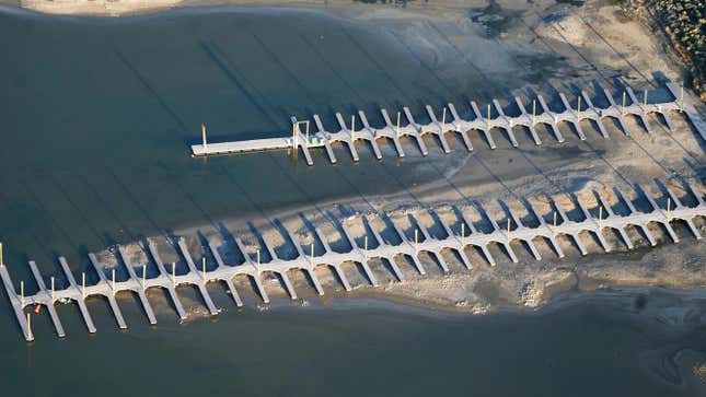 Docks at the state park on Great Salt Lake's Antelope Island, seen here exposed far above the waterline in May 2021.