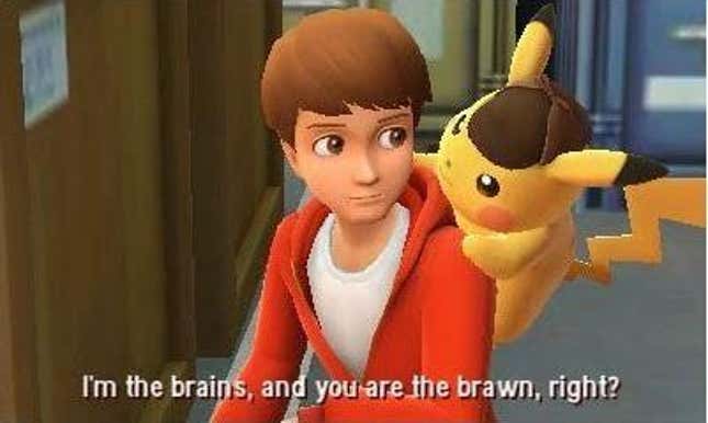 Tim and Pikachu are seen talking, with Pikachu saying "I'm the mind and you're the muscle, right?"