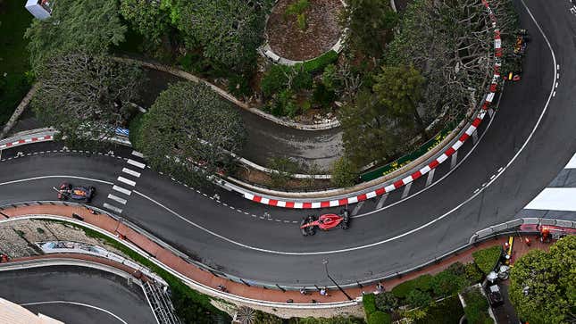 A photo of F1 cars racing at Monaco. 