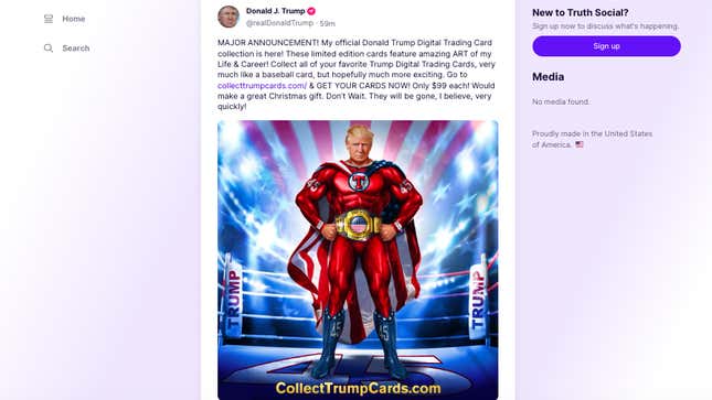 Image for article titled The Former President Is Hawking 'Digital Trading Cards' of Himself as a Superhero for $99 Each