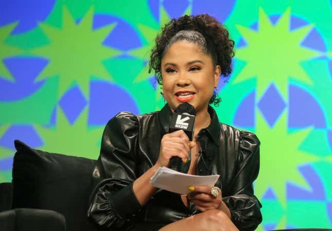 Angela Yee of iHeart Media introduces Lizzo, not pictured, for a keynote speech at the Austin Convention Center during the South by Southwest Music Festival on Sunday, March 13, 2022, in Austin, Texas.